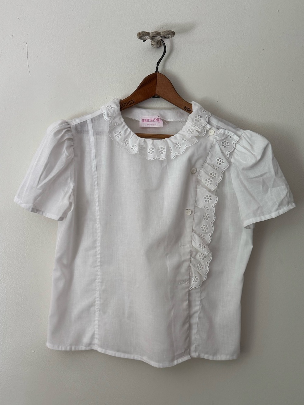 Vintage 1970s Asymmetrical White Eyelet Button-Up Blouse.